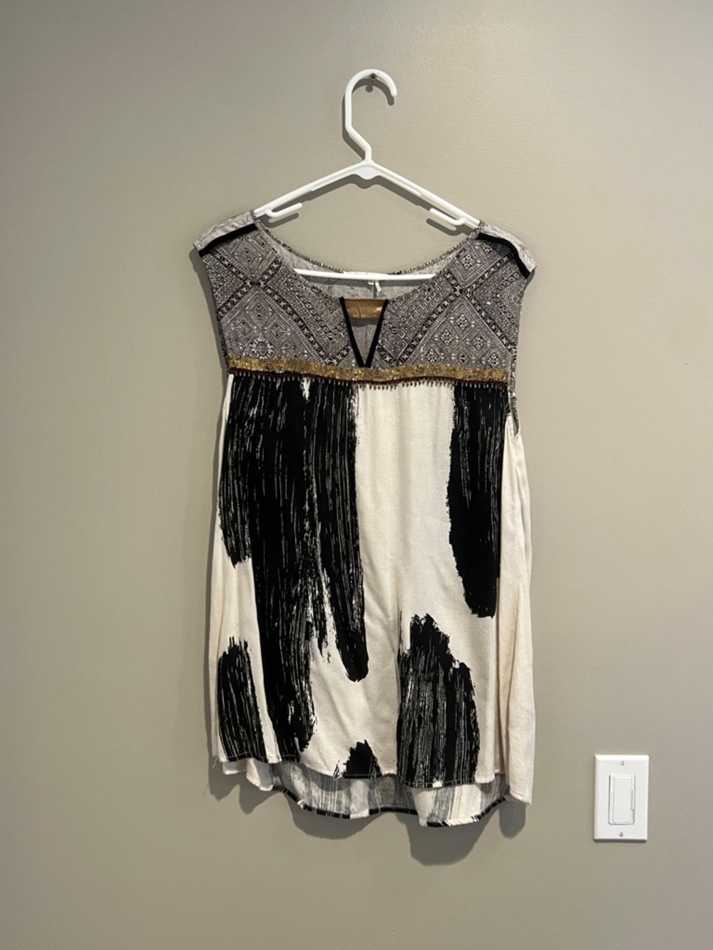 Boho Fringe Black & Cream Sleeveless Women’s Top